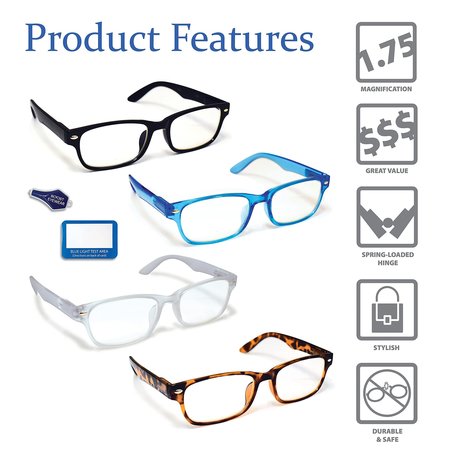 Boost Eyewear Blue Light Blocking Reading Glasses, Antiglare Lenses, Traditional Frames, 4PK 20300